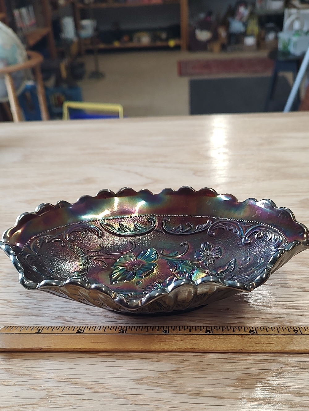 Fenton Iridescent Carnival Glass Scalloped Dish - Poppy Flower